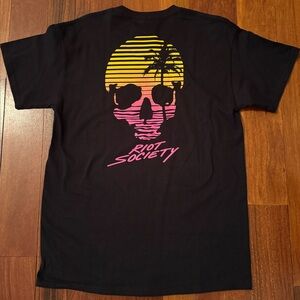 Riot Society Black Tee with Pink and Yellow Skull Design